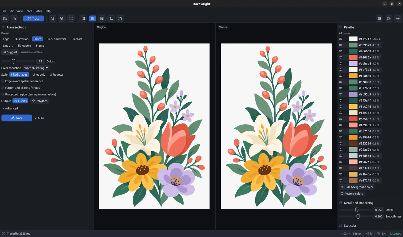 Tracewright vectorizando una ilustración botánica: el original a la izquierda, el vector a la derecha.